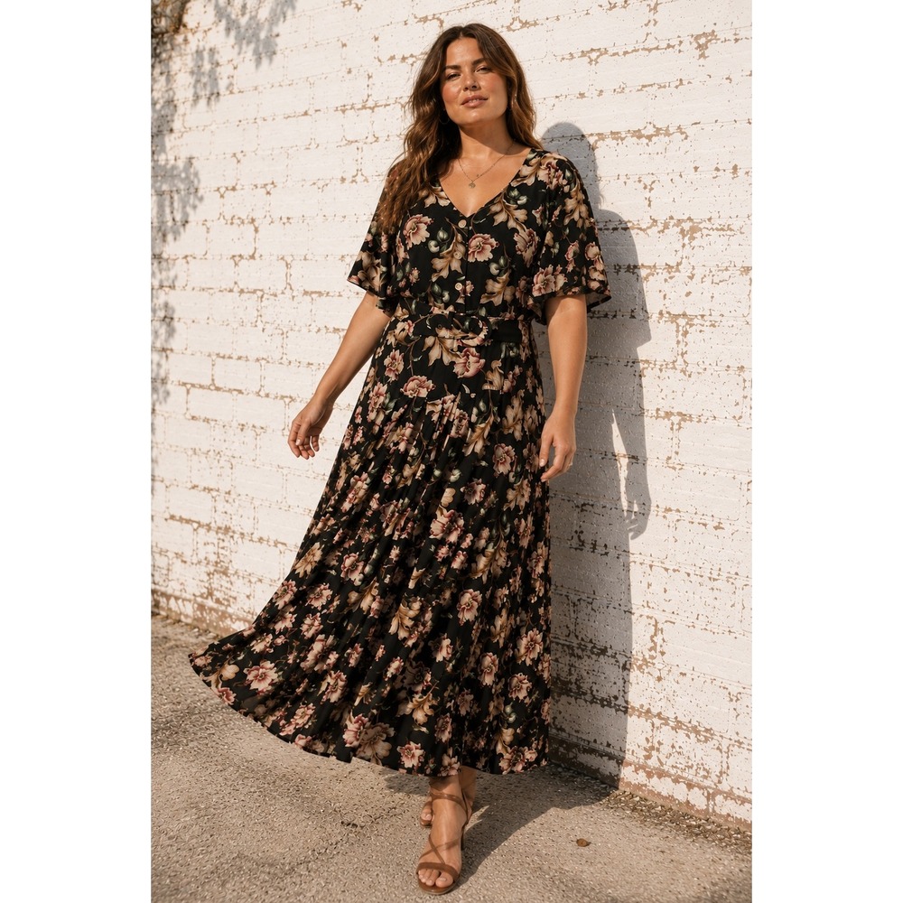 Vintage E.D. Michaels Black Floral‎ Rayon Maxi Dress Belted 90s Size 22